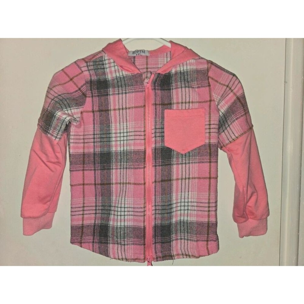 Pink & Grey Plaid Zip-Up Hooded Jacket (Size 5-6Y)